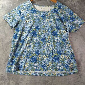 Blair‎ Womens Floral Top PL Blue Yellow Short Sleeve Lightweight Casual